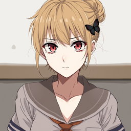 An anime woman characterized by her tense pink-reddish eyes that convey a strong emotional depth, and her pale white skin that creates a striking contrast