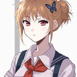 An anime woman characterized by her tense pink-reddish eyes that convey a strong emotional depth, and her pale white skin that creates a striking contrast