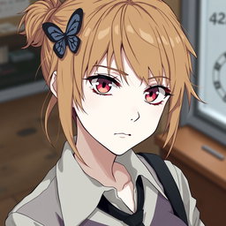 An anime woman characterized by her tense pink-reddish eyes that convey a strong emotional depth, and her pale white skin that creates a striking contrast