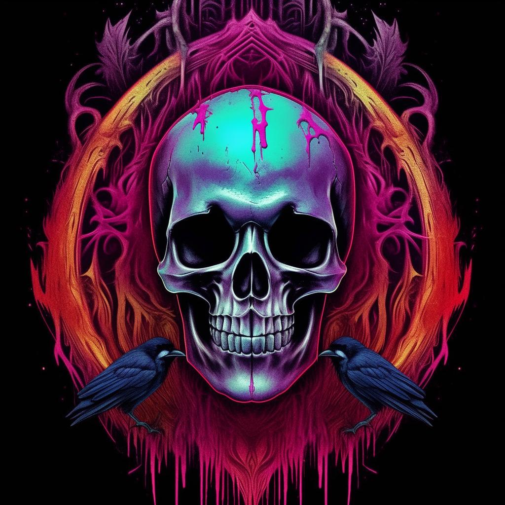 A brightly colored, vertical image symbolizing black magic, featuring a terrifying skull and a crow.