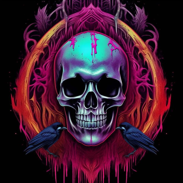 A brightly colored, vertical image symbolizing black magic, featuring a terrifying skull and a crow.