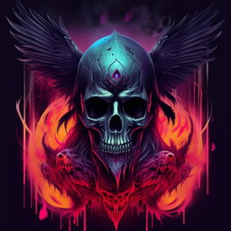 A brightly colored, vertical image symbolizing black magic, featuring a terrifying skull and a crow.