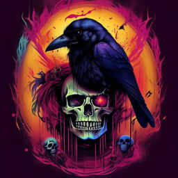 A brightly colored, vertical image symbolizing black magic, featuring a terrifying skull and a crow.