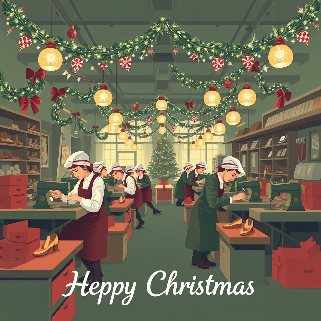 An illustration of a Christmas greeting card design featuring workers in a shoe factory