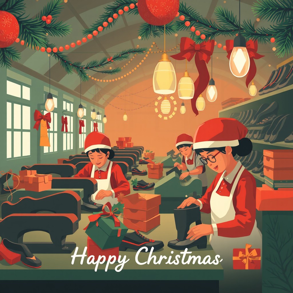 An illustration of a Christmas greeting card design featuring workers in a shoe factory in Indonesia