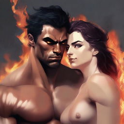 This is a high-quality digital art image portraying a muscular, intense male character, his eyes ablaze with a blend of longing and ownership