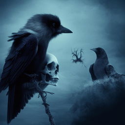 A light-colored, vertical image capturing the eerie essence of black magic, with a chilling skull and a crow.