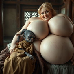 In an ancient medieval temple, a charming scene unfolds on a bed where a tiny, elderly female goblin with very dark skin and a malnourished body is resting her head against the bosom of a voluptuous white woman