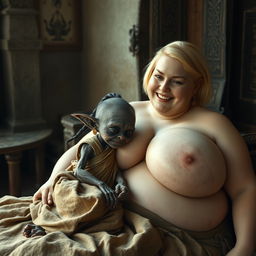 In an ancient medieval temple, a charming scene unfolds on a bed where a tiny, elderly female goblin with very dark skin and a malnourished body is resting her head against the bosom of a voluptuous white woman