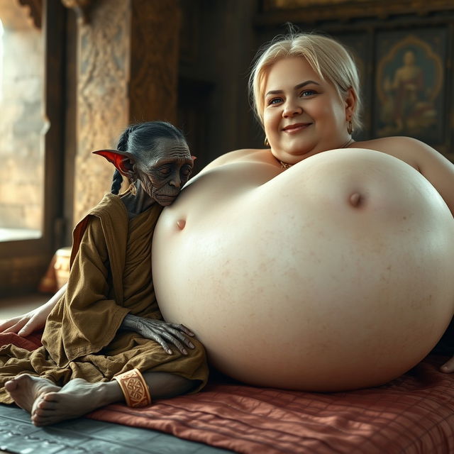 In an ancient medieval temple, a charming scene unfolds on a bed where a tiny, elderly female goblin with very dark skin and a malnourished body is resting her head against the bosom of a voluptuous white woman