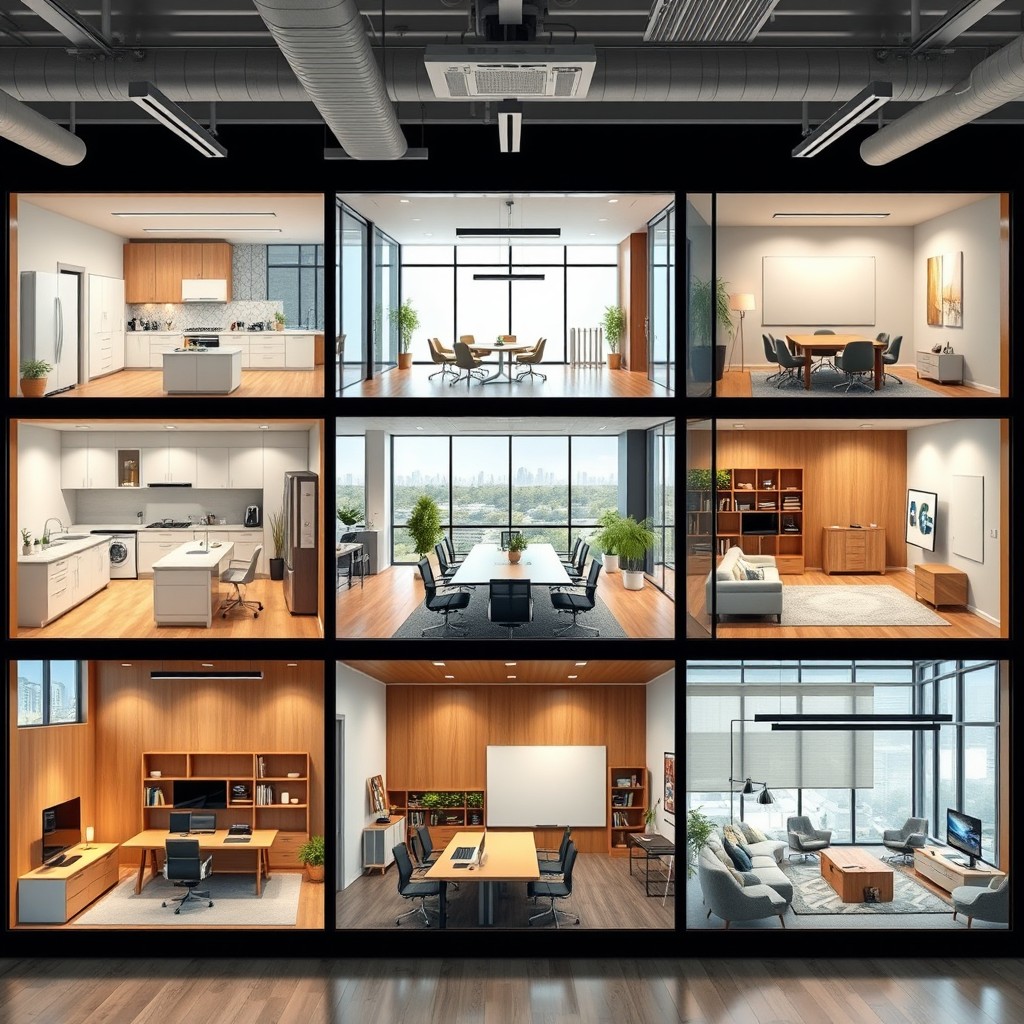 A large, modern corporate office interior featuring 7-8 distinct rooms