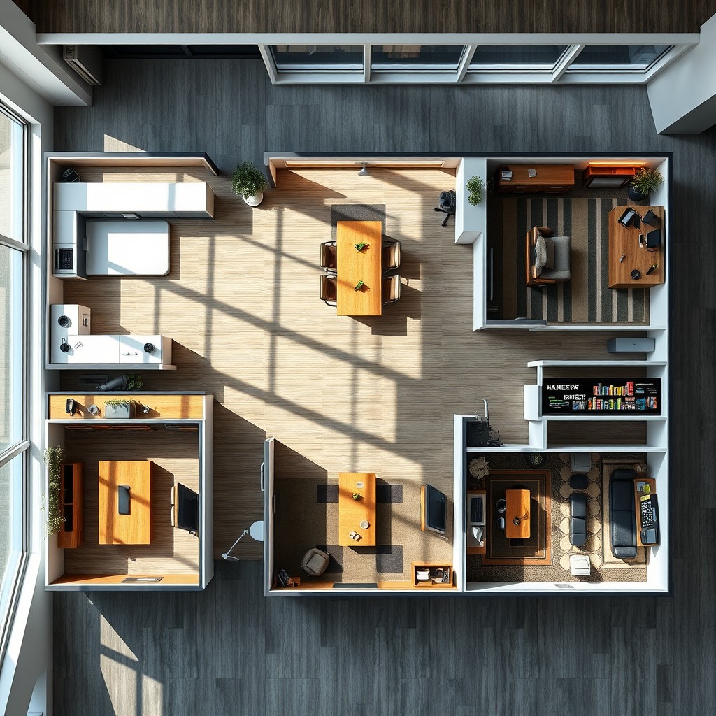 A bird's-eye view of a large corporate office featuring 7-8 distinct rooms