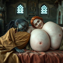 Two women lying on an ancient medieval bed within a grand old temple