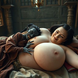 Two women lying in a medieval bed inside an ancient castle