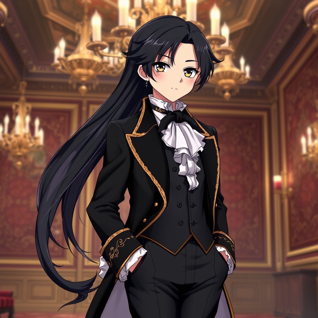 An elegantly designed anime character featuring long, sleek dark hair that gracefully falls past their shoulders, styled with a few loose curls