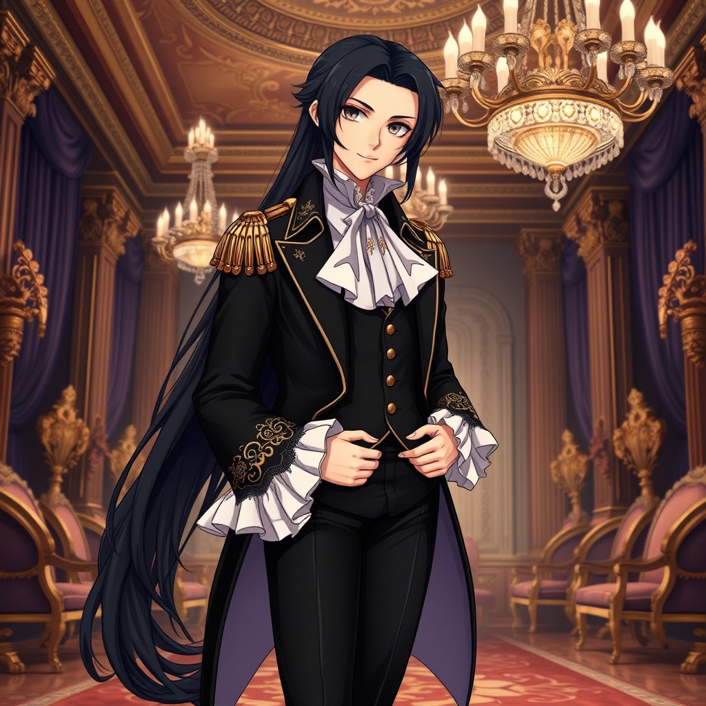 A striking anime character with long, dark hair elegantly cascading down their back, styled in gentle waves