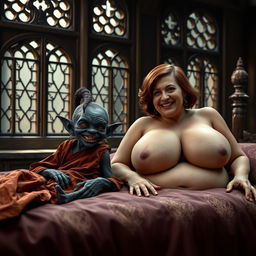 Two figures lying on a medieval bed in a noble palace with ancient windows: a tiny, malevolent female Goblin with very dark black skin, extremely skinny and malnourished, with an adorably tiny face and a sinister smile showing her rotten teeth