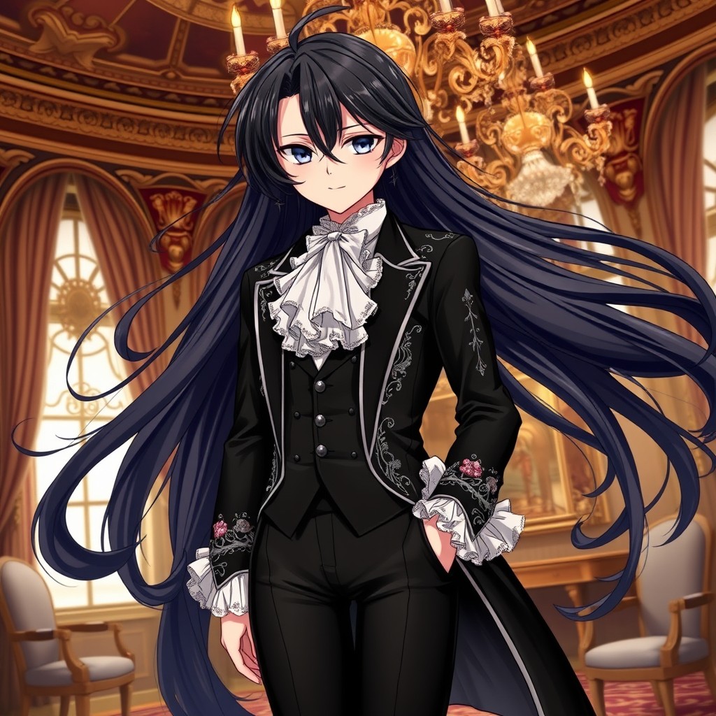 A captivating anime character showcasing long, flowing dark hair that cascades elegantly down their back, with artful curls framing their delicate features