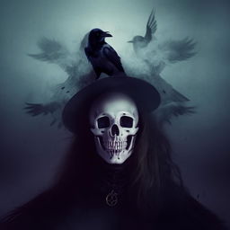 A light-colored, vertical image capturing the eerie essence of black magic, with a chilling skull and a crow.