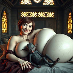 Two characters lying in a medieval bed within an ancient temple, featuring ornate golden windows