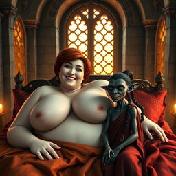 Two characters lying in a medieval bed within an ancient temple, featuring ornate golden windows