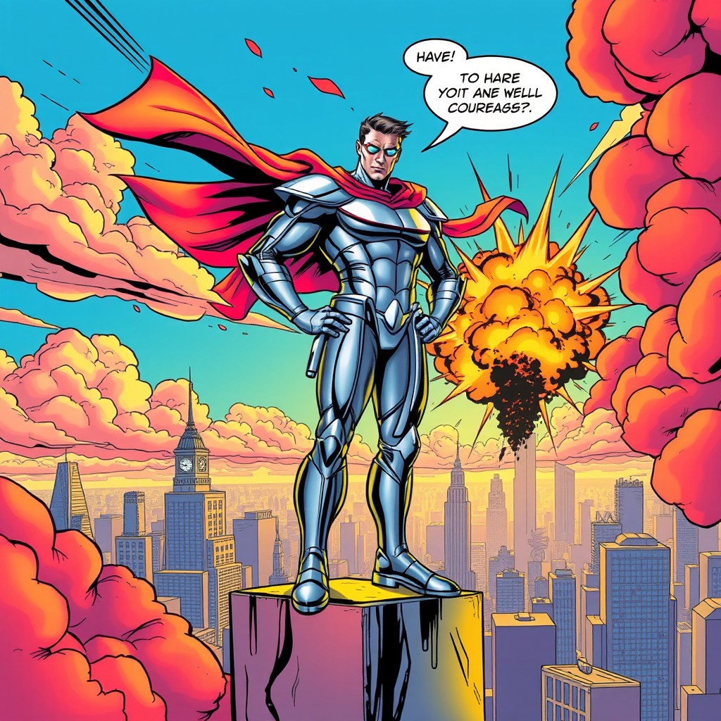 A vibrant and dynamic comic book scene featuring a heroic figure, clad in a futuristic silver armor, standing atop a skyscraper with a city skyline in the background