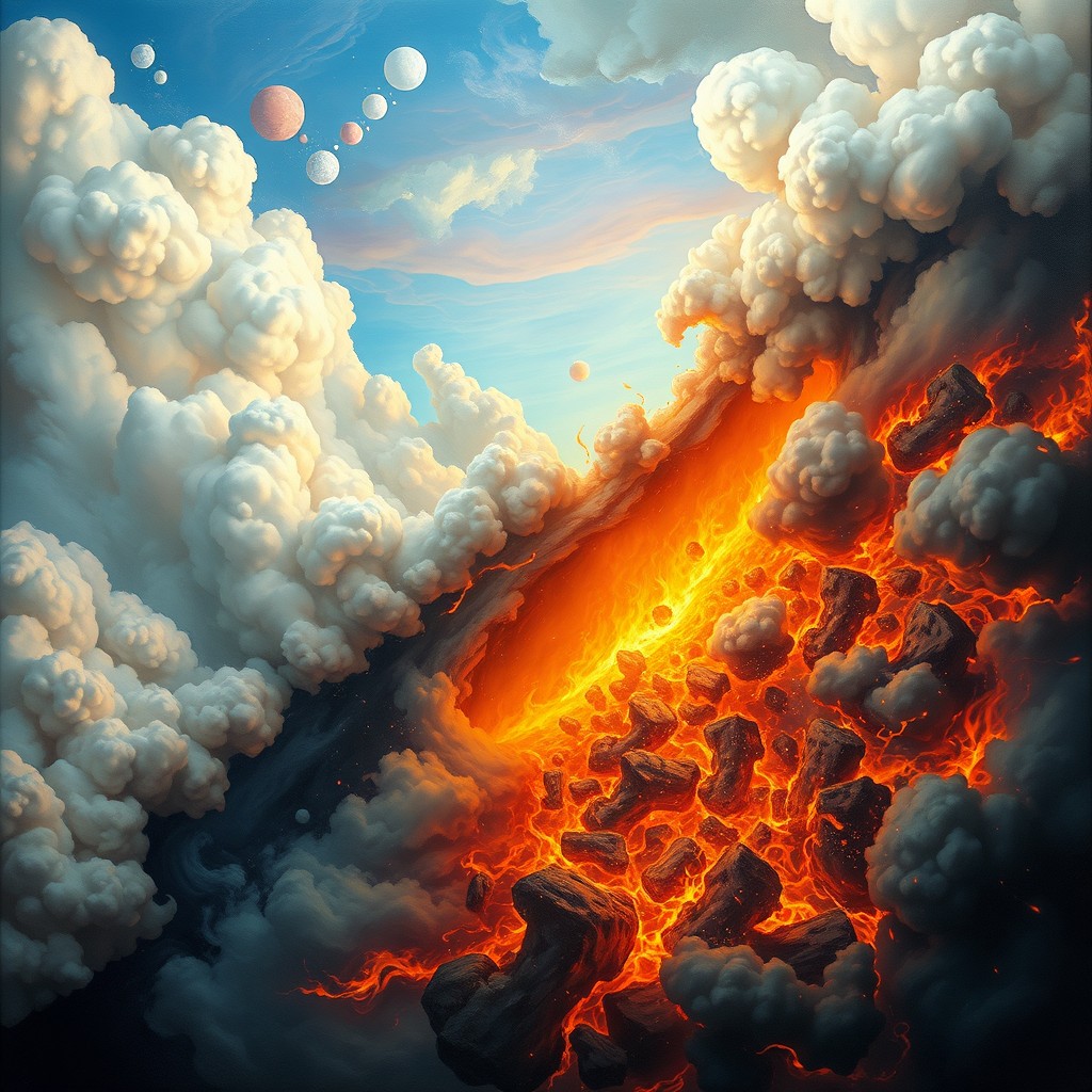 A surreal depiction of the boundary between dreams and flames, showcasing a dreamscape filled with ethereal clouds, vibrant colors, and abstract shapes that blend into a fierce, mesmerizing fire