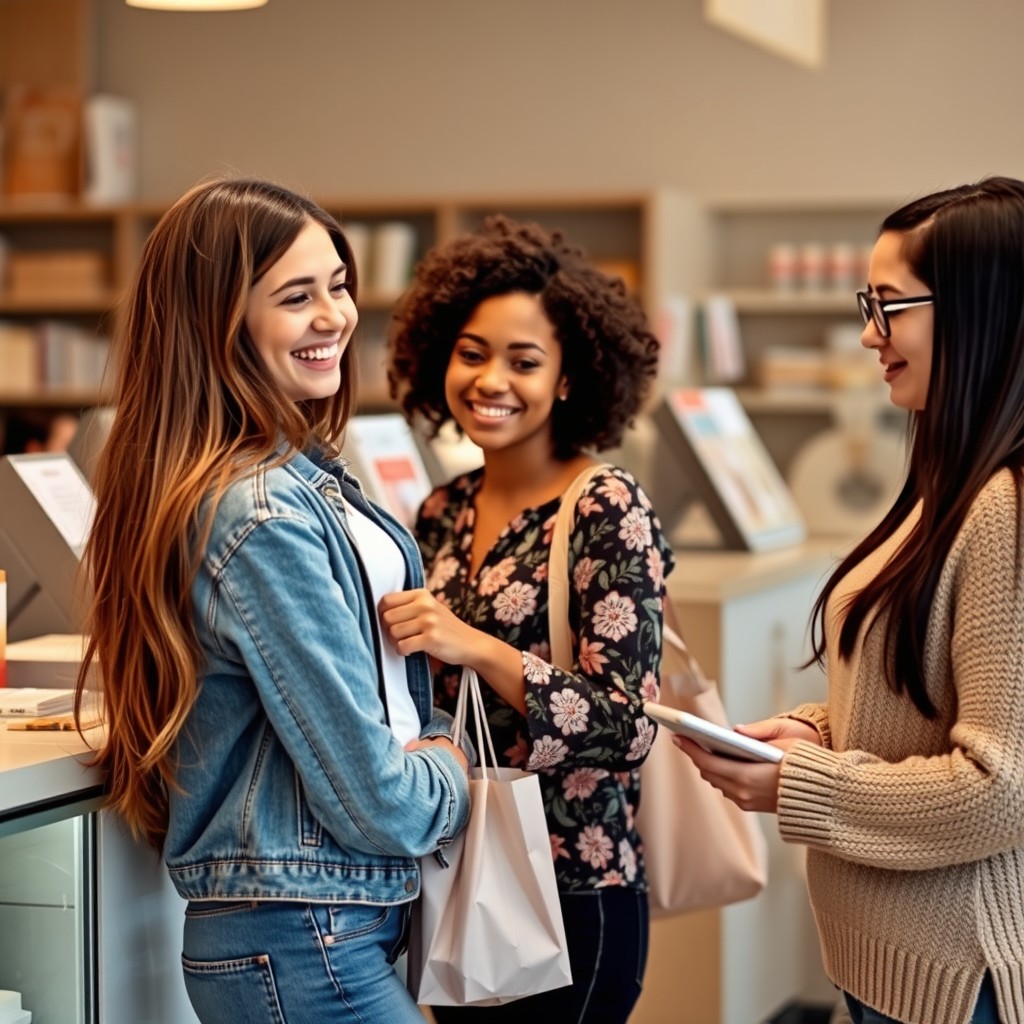 Three young women standing at a counter, each of them engaged in a conversation while paying for their purchases