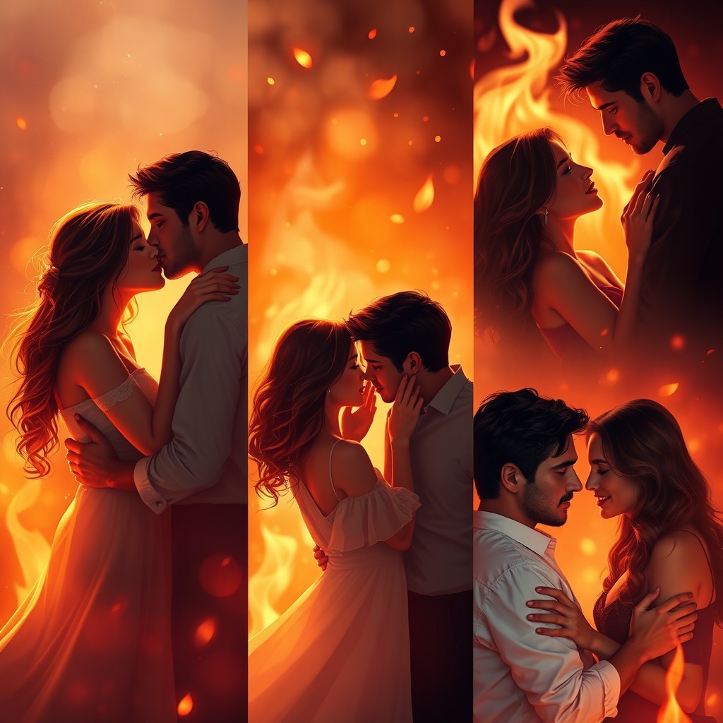 A passionate and intimate portrayal of the boundary between love and flames, featuring three couples in various stages of affectionate connection