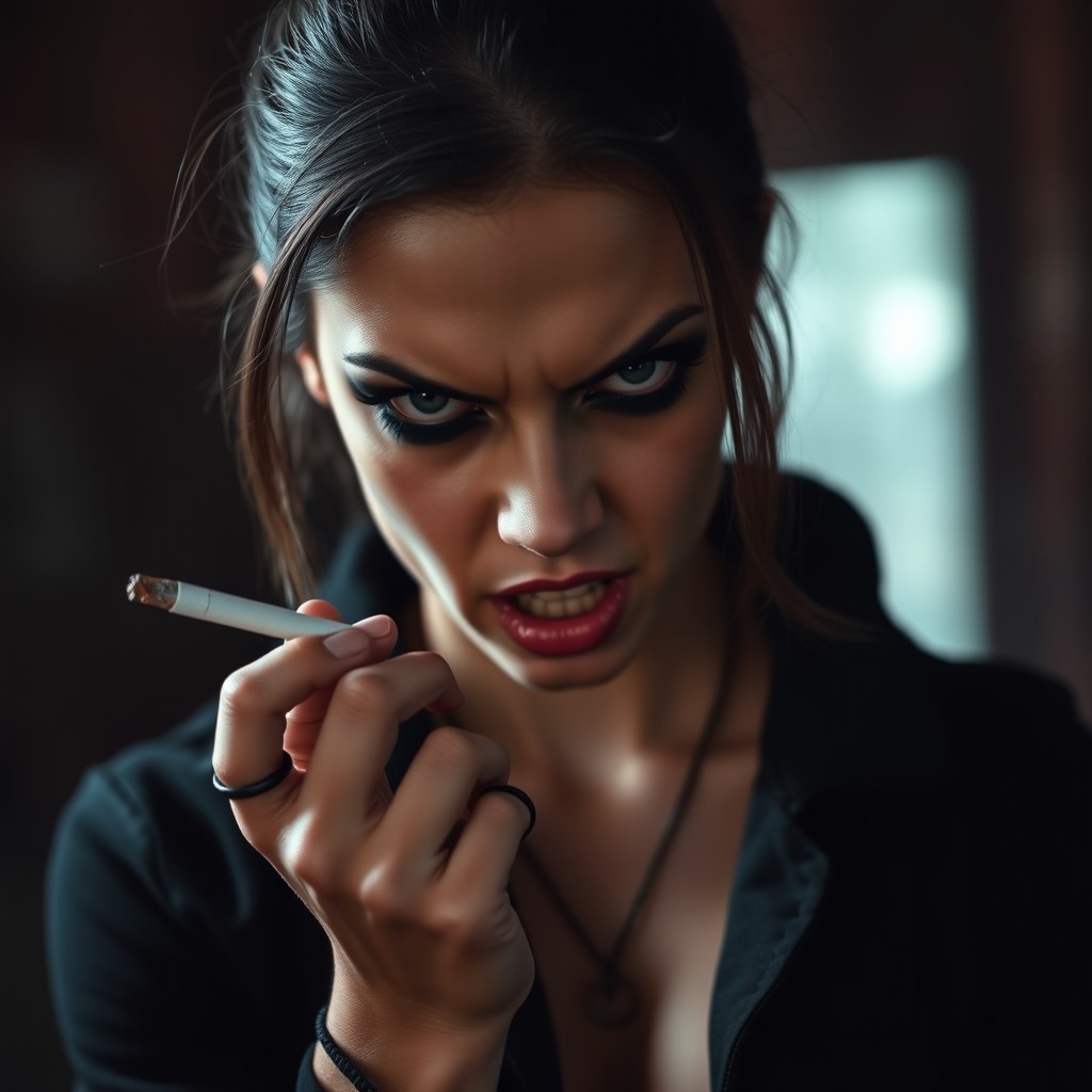A young mother (25 years old) with makeup, holding a cigarette, displaying an aggressive and sadistic expression