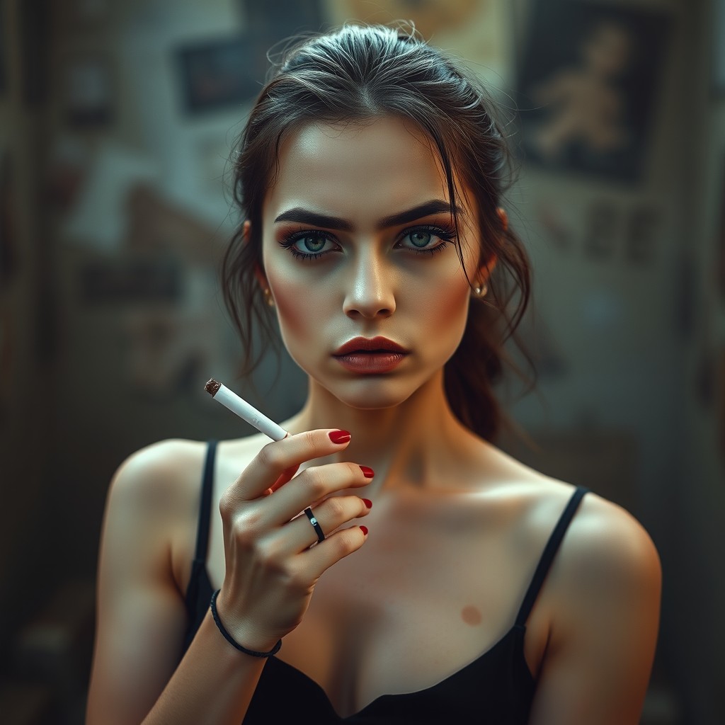A young mother (25 years old) with makeup, holding a cigarette, exhibiting a calm yet aggressive expression that conveys a sadistic undertone
