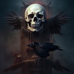 A light-colored, vertical image showcasing a small, terrifying skull and a crow, imbued with the macabre themes of black magic.