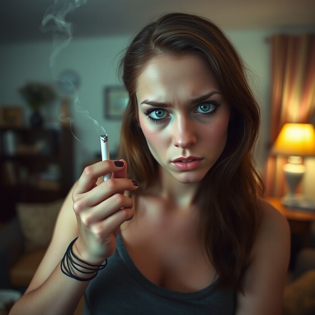 A young mother (25 years old) standing in a living room, with makeup and holding a cigarette, exhibiting a calm yet aggressive expression that conveys a sadistic undertone