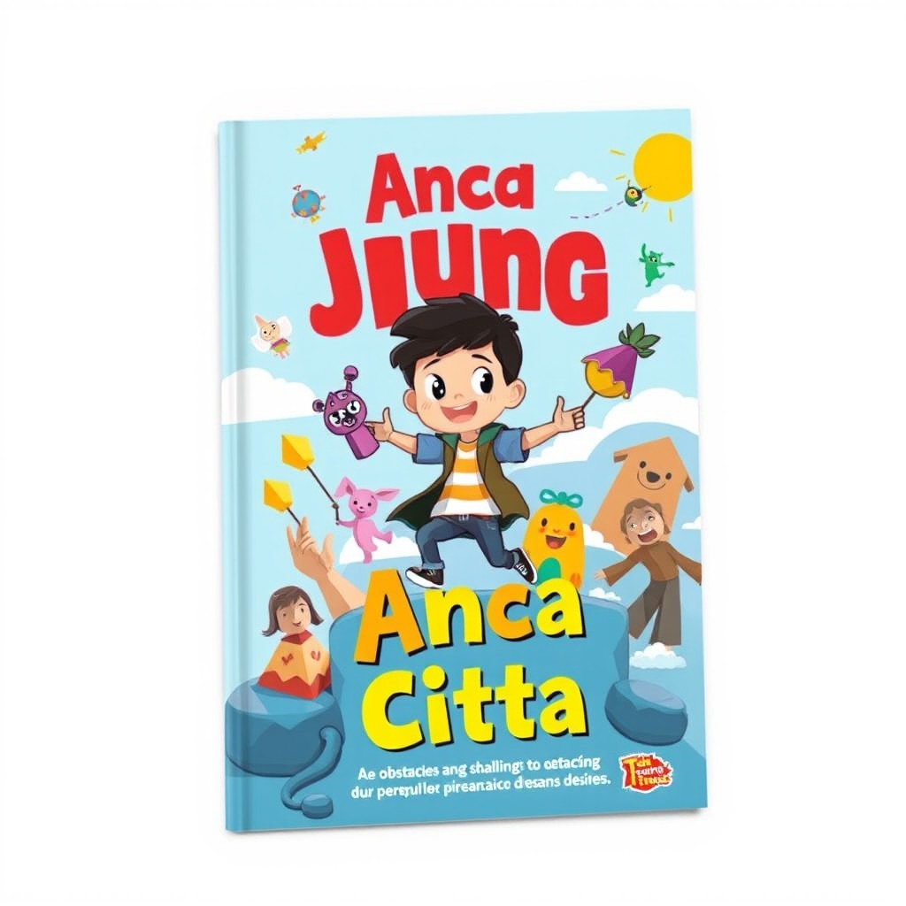 A vibrant and playful book cover for the title "Anca Juang Citta," exploring the obstacles and challenges faced by a character in pursuit of dreams and desires