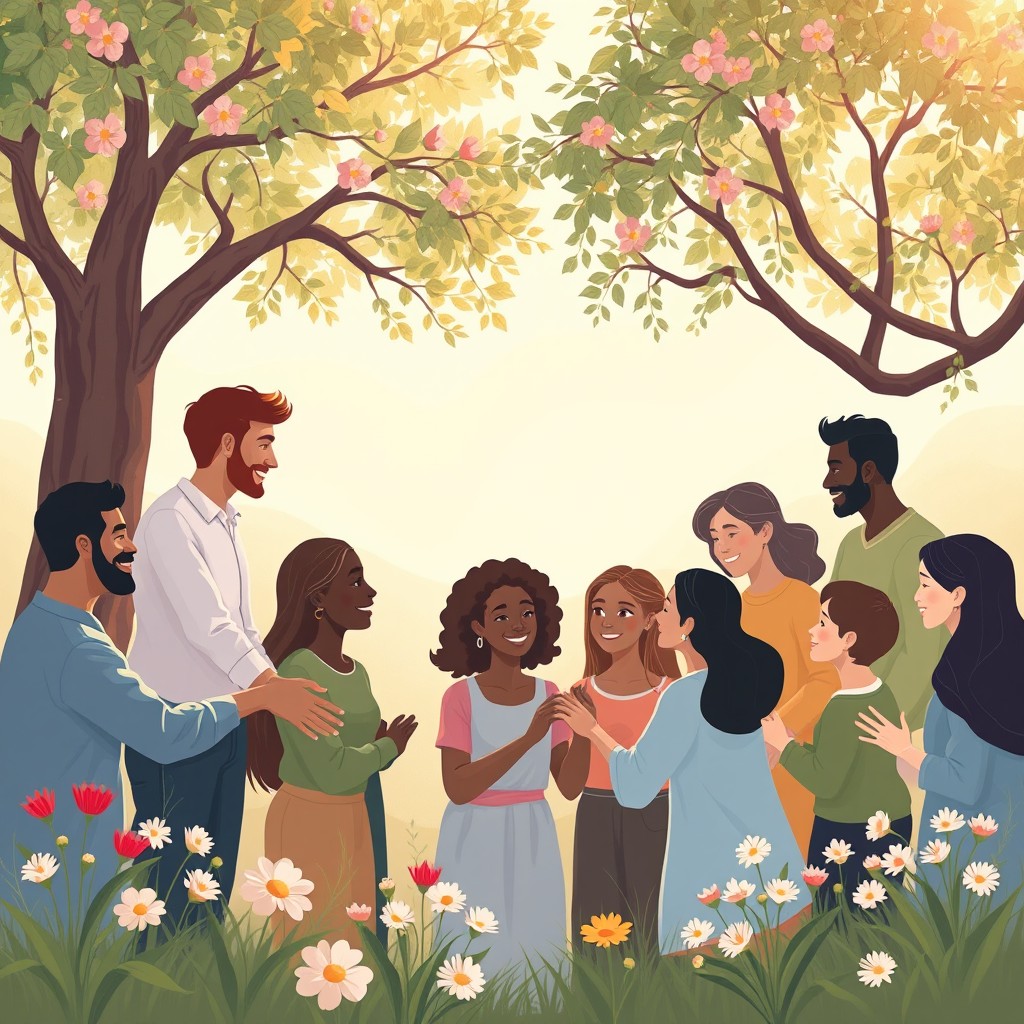 A peaceful and harmonious scene depicting diverse people from different backgrounds coming together, helping and supporting each other in a serene environment