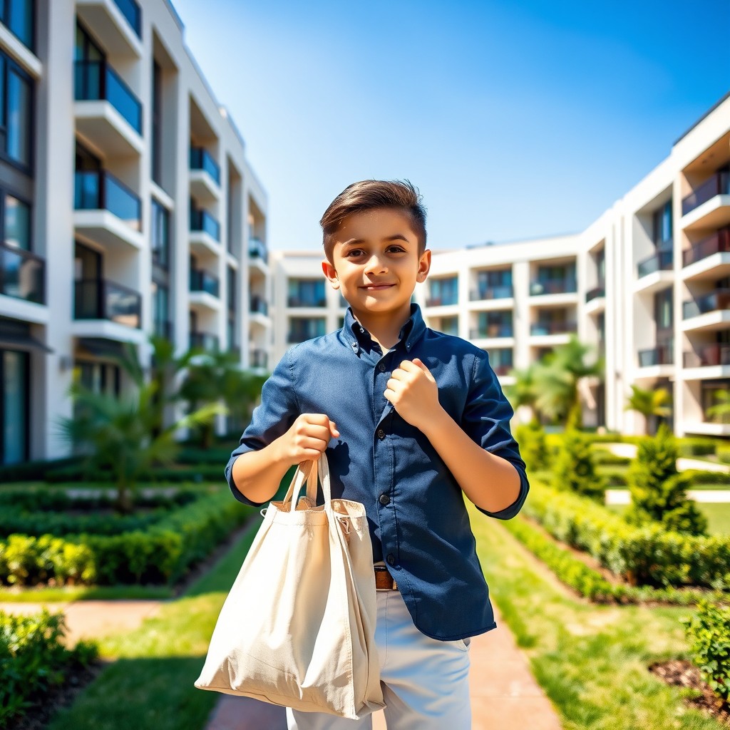 A young boy, confidently holding a bag filled with money, standing in front of a luxurious apartment complex