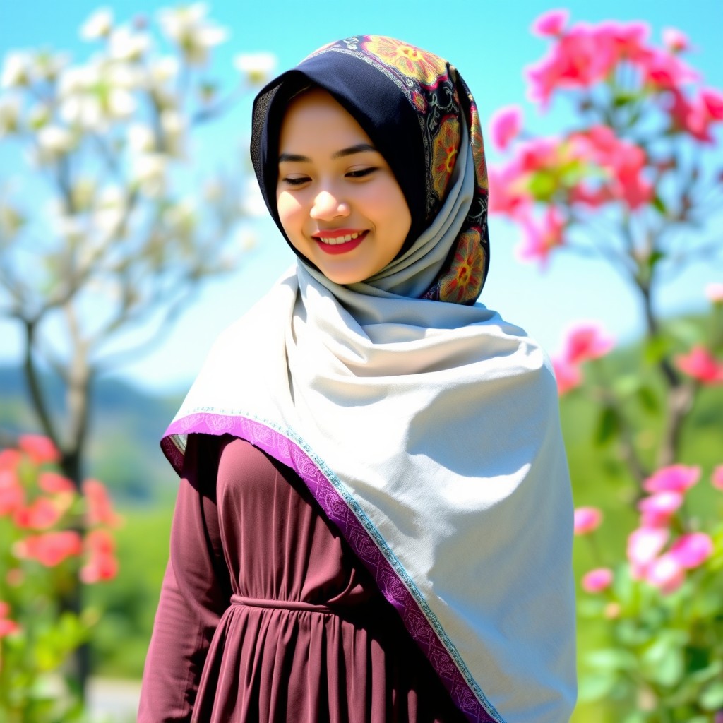 A beautiful young woman wearing a colorful hijab, standing in a picturesque landscape