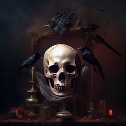 A light-colored, vertical image showcasing a small, terrifying skull and a crow, imbued with the macabre themes of black magic.