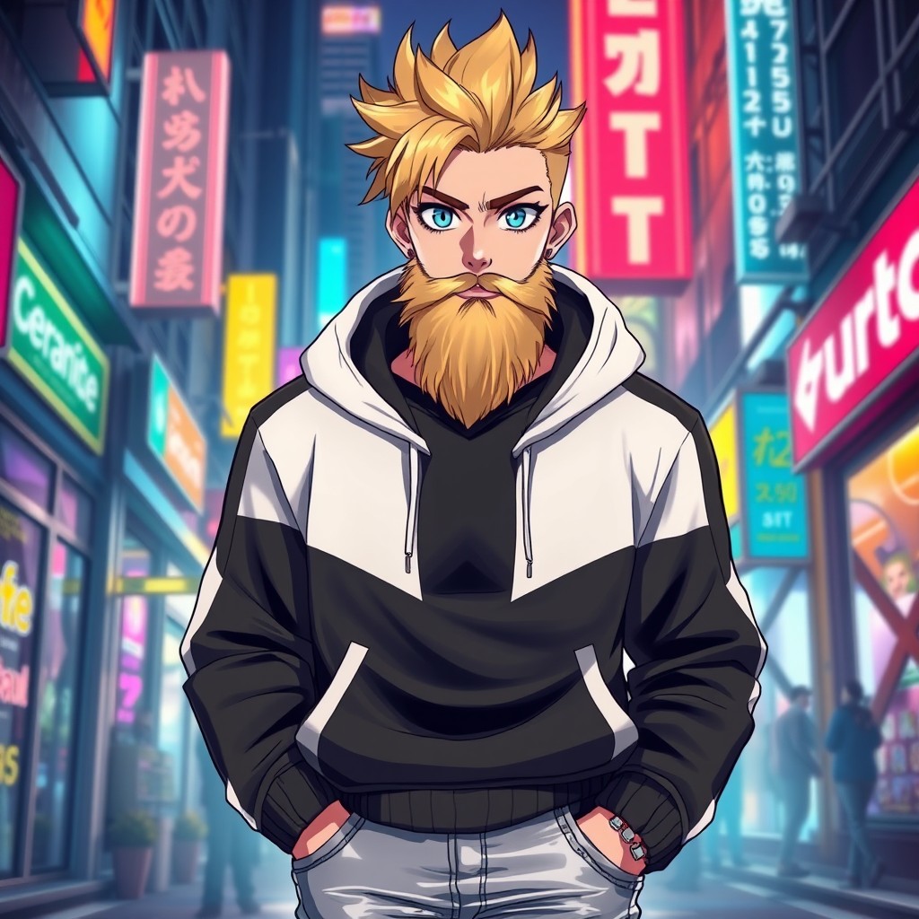 A tall adult male character in a vibrant JJK anime art style, featuring striking blonde hair and piercing blue eyes, along with a full beard that adds character