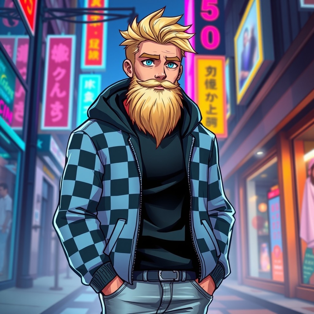 A tall adult male character in JJK art style, featuring striking blonde hair and expressive blue eyes, complemented by a well-groomed full beard