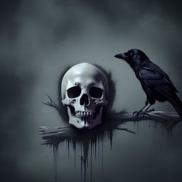 A light-colored, vertical image showcasing a small, terrifying skull and a crow, imbued with the macabre themes of black magic.