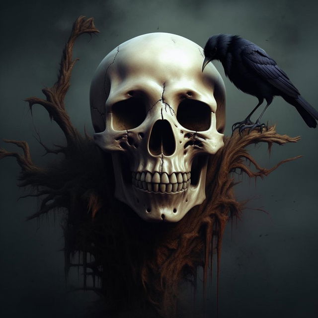 A light-colored, vertical image showcasing a small, terrifying skull and a crow, imbued with the macabre themes of black magic.