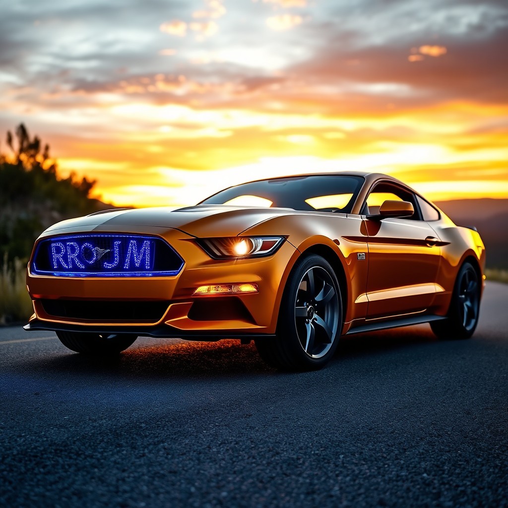 A stunning golden Ford Mustang parked on a scenic road, illuminated by vibrant blue decorative lights across its sleek body