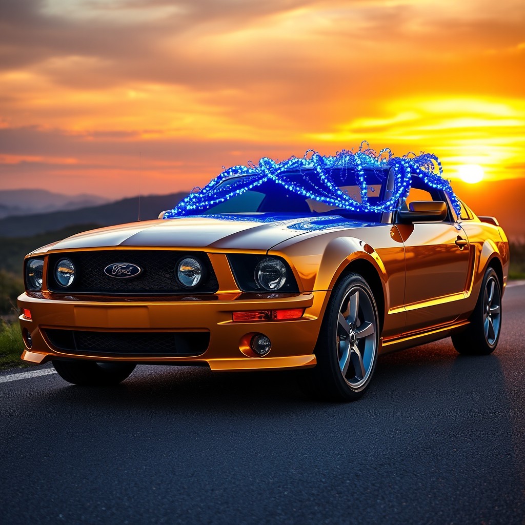 A magnificent and truly golden Ford Mustang parked on a scenic road, extravagantly adorned with vibrant blue decorative lights that create a dazzling contrast against its luxurious, reflective golden body