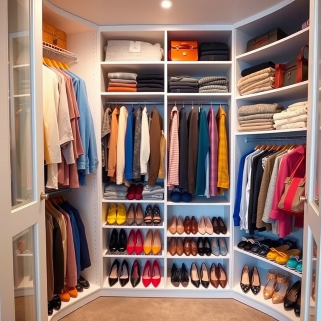 A beautifully organized closet filled with a variety of items, including neatly arranged clothes on hangers, neatly folded sweaters on shelves, and matching pairs of shoes placed in rows