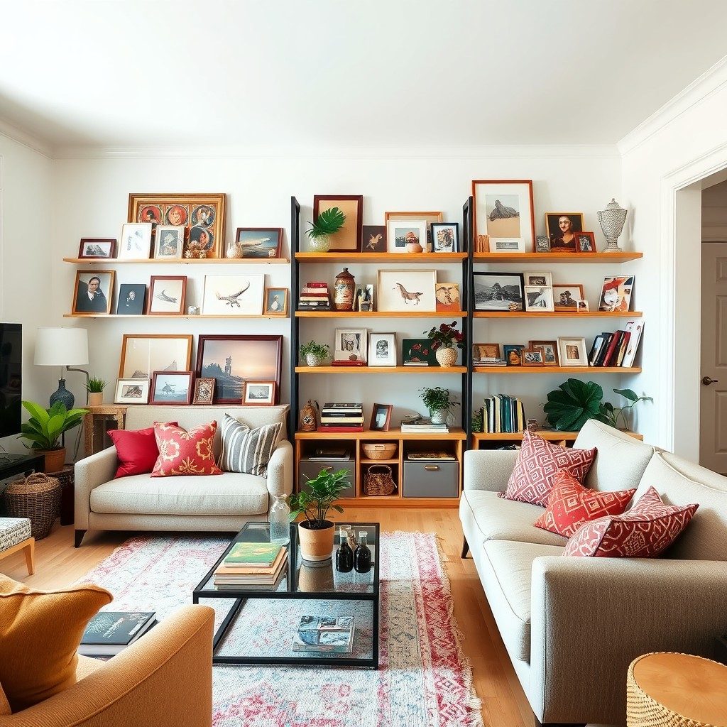 A beautifully organized living room of a house, showcasing a variety of items but arranged in a tidy manner