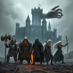 Epic fantasy book cover depicting five heroes and allies standing in a desolate battlefield, set before a gloomy, gothic castle shrouded in mist