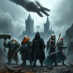 Epic fantasy book cover depicting five heroes and allies standing in a desolate battlefield, set before a gloomy, gothic castle shrouded in mist