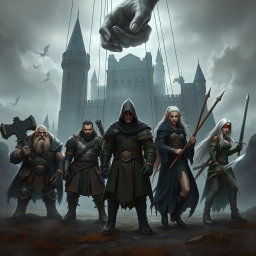 Epic fantasy book cover depicting five heroes and allies standing in a desolate battlefield, set before a gloomy, gothic castle shrouded in mist