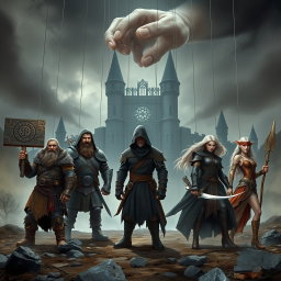 Epic fantasy book cover depicting five heroes and allies standing in a desolate battlefield, set before a gloomy, gothic castle shrouded in mist